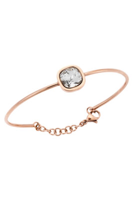 Rose gold bracelet with a faceted clear stone and delicate chain closure.