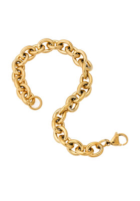 Gold tone chain bracelet with interlocking links and a secure clasp.