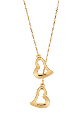 Gold tone necklace with an open heart pendant and delicate chain.
