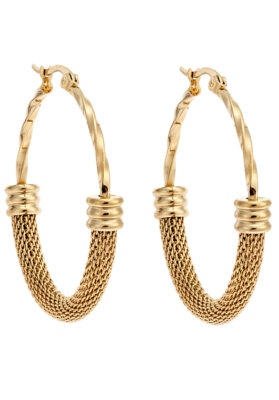 Gold tone textured hoop earrings with mesh details and a stylish design.