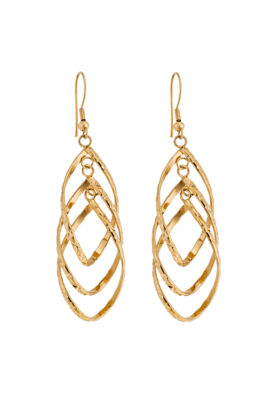 Gold tone layered earrings with a textured and intricate design.