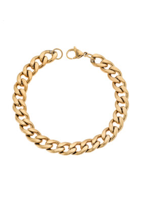 Gold-tone stainless steel Cuban link bracelet with a polished finish.