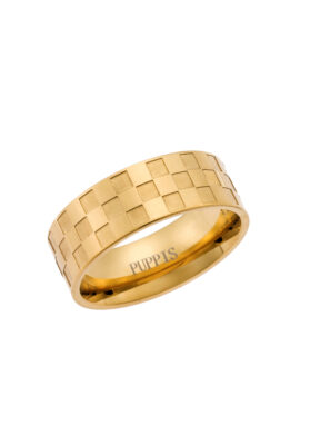 Gold-tone stainless steel checkered band ring with a polished and textured finish.
