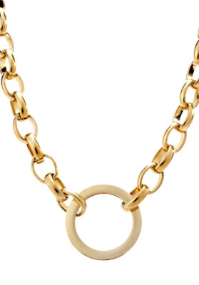 Gold-tone stainless steel chain necklace with a bold, modern design.