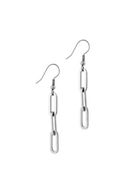 Elegant silver-tone stainless steel chain earrings with a polished finish and modern design.