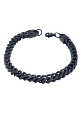 Black-tone stainless steel chain bracelet with interwoven links and a secure lobster clasp, stylish and modern.