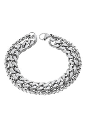 Silver-tone stainless steel bracelet with curb and box chain links, designed for durability and style.