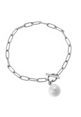 Silver-tone stainless steel bracelet with elongated chain links, pearl charm, and a stylish toggle clasp.