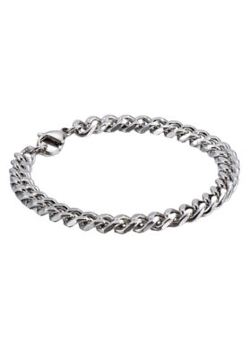 Silver-tone stainless steel curb chain bracelet with polished interlocking links and a secure lobster clasp, stylish and modern.