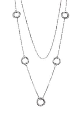 Silver-tone stainless steel layered necklace with interlocking ring accents and a sleek 90cm chain.