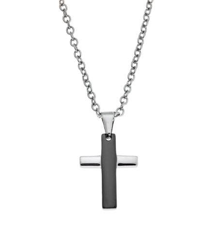 Silver-tone stainless steel cross pendant necklace with a two-tone design and a sleek 70cm chain.