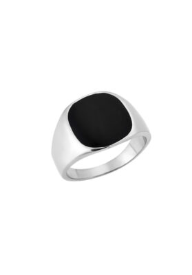 Silver-tone stainless steel black signet ring with a polished finish and bold black inlay, modern and refined.