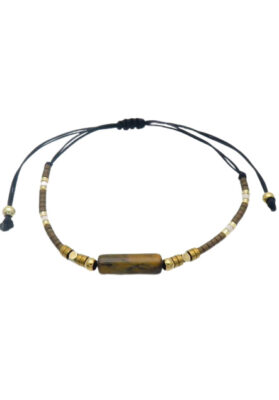 Gold-tone stainless steel beaded bracelet with an adjustable cord and natural stone centerpiece, stylish and versatile.