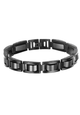 Black-tone stainless steel link bracelet with a polished finish, bold and modern.