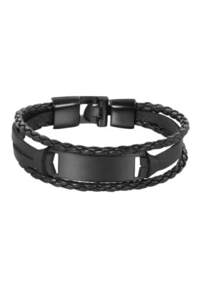 Black-tone stainless steel braided leather bracelet with a sleek metal plate and secure clasp, modern and bold.