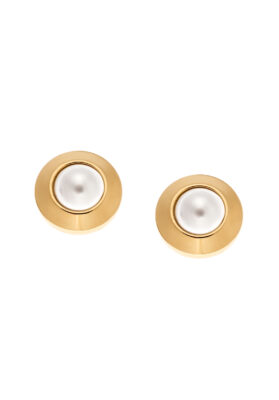 Gold-tone stainless steel pearl stud earrings with a polished finish and a classic pearl center, elegant and stylish.