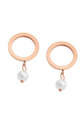Rose gold-tone stainless steel pearl drop earrings with an open-circle design and delicate pearl accent, elegant and stylish.