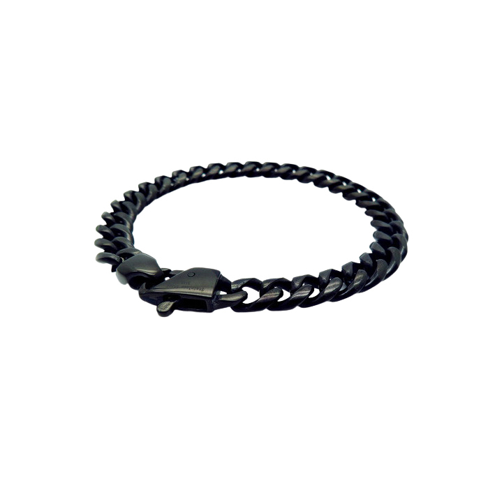 Black-tone stainless steel Cuban link bracelet with a polished matte finish, bold and stylish.