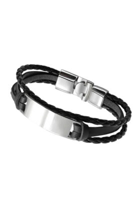Silver-tone stainless steel and leather bracelet with a polished engraving plate, stylish and modern.