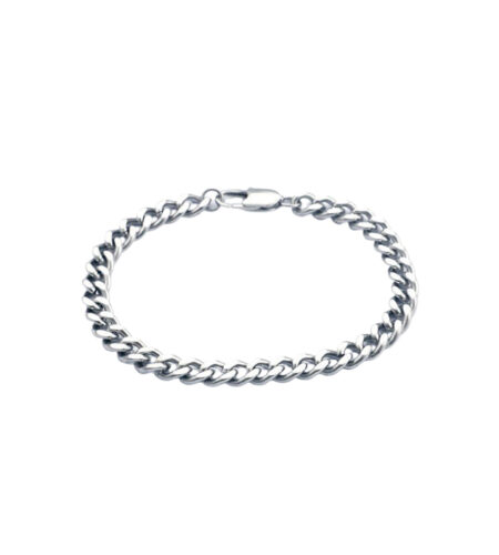 Thin silver-tone stainless steel Cuban link bracelet with a polished finish, sleek and elegant.