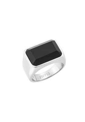 Silver-tone stainless steel black rectangular signet ring with a polished finish and bold black inlay, modern and refined.
