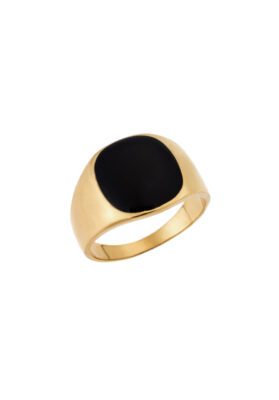 Gold-tone stainless steel black signet ring with a polished finish and bold black centerpiece, modern and refined