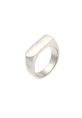 Silver-tone stainless steel minimalist signet ring with a polished finish and sleek rectangular top, modern and stylish.
