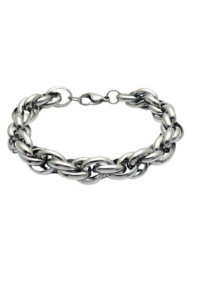 A stainless steel chain-link bracelet with a high-polish finish and a sturdy clasp, offering durability and a bold aesthetic.