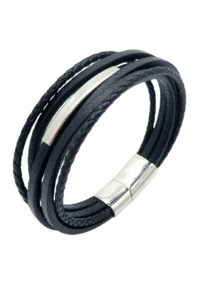 Silver-tone stainless steel and leather bracelet with a layered design, modern and stylish.