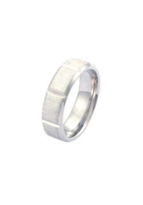Silver-tone stainless steel ring with a brushed texture and engraved line details, modern and durable.