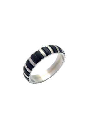 Silver-tone stainless steel ring with black grooved pattern, stylish and bold.