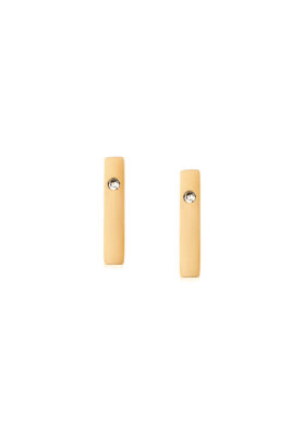 A pair of minimalist gold bar stud earrings with embedded zircon stones, crafted from stainless steel for long-lasting shine and durability.