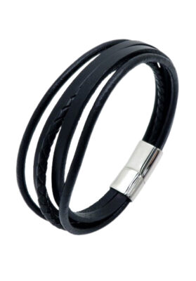 A black leather multi-layer bracelet with a sleek silver magnetic clasp, combining elegance and rugged style.