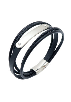 A black leather multi-layer bracelet with a sleek stainless steel plate and magnetic clasp, designed for elegance and durability.