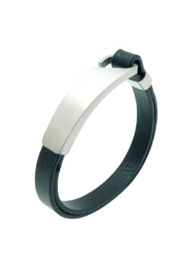 A black leather bracelet with a stainless steel plate, designed for elegance and durability, featuring a secure clasp.