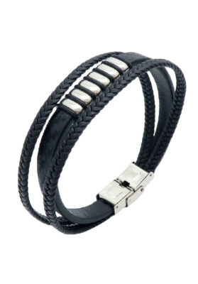 A multi-layer black leather bracelet for men, featuring a sleek design with stainless steel accents for a rugged yet stylish appearance.
