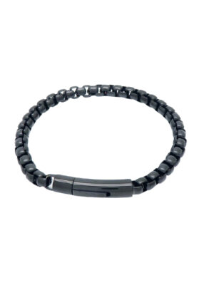 A men’s black stainless steel beaded bracelet featuring a modern design with a smooth, polished finish and a secure clasp.
