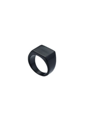 A black stainless steel signet ring for men, featuring a bold, modern square face with a sleek polished finish.