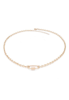 A gold chain necklace with a sleek paperclip pendant, designed for a minimalist and sophisticated touch.
