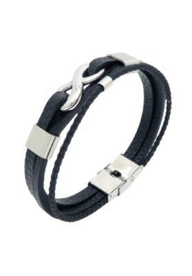 A stylish men’s black leather bracelet with a stainless steel clasp, crafted for a modern and sophisticated look.