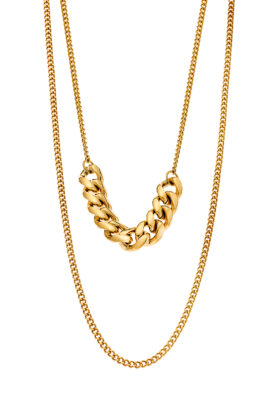 A Bold Gold Curb Chain Necklace featuring a chunky gold curb link centerpiece with a delicate double-layered chain for a stylish look.