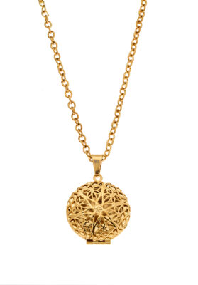 A gold filigree sphere pendant necklace with a delicate openwork pattern, hanging from a sturdy gold chain, adding a touch of elegance and sophistication.