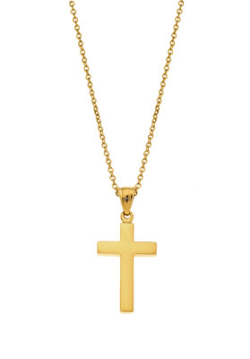 Close-up of a Minimalist Gold Cross Pendant Necklace featuring a polished gold-plated stainless steel cross charm on a delicate gold chain.