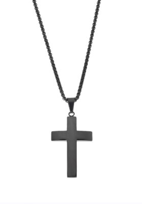 A Matte Black Cross Pendant Necklace featuring a smooth, polished black stainless steel cross charm on a black chain.