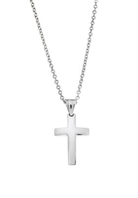 Close-up of a Polished Silver Cross Pendant Necklace featuring a smooth stainless steel cross charm and a delicate silver chain.
