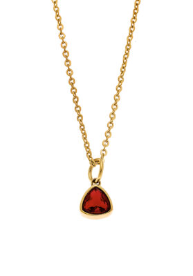 A gold teardrop pendant necklace featuring a brilliant red crystal centerpiece, suspended on a delicate gold chain, ideal for an elegant and sophisticated look.