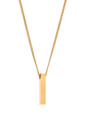 A sleek gold bar pendant necklace featuring a rectangular pendant on a durable gold-tone chain, designed for modern elegance and sophistication.