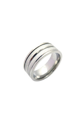 A stainless steel ring for men with a brushed matte finish and two parallel black stripe details, offering a sleek, contemporary look.