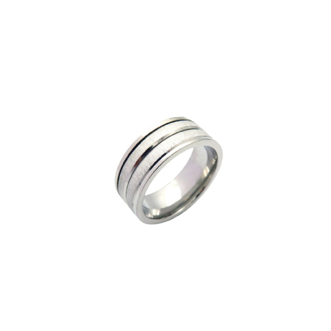 A stainless steel ring for men with a brushed matte finish and two parallel black stripe details, offering a sleek, contemporary look.