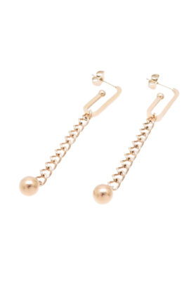 A pair of gold chain drop earrings with geometric U-shaped links and delicate dangling spheres, offering a modern and elegant design.